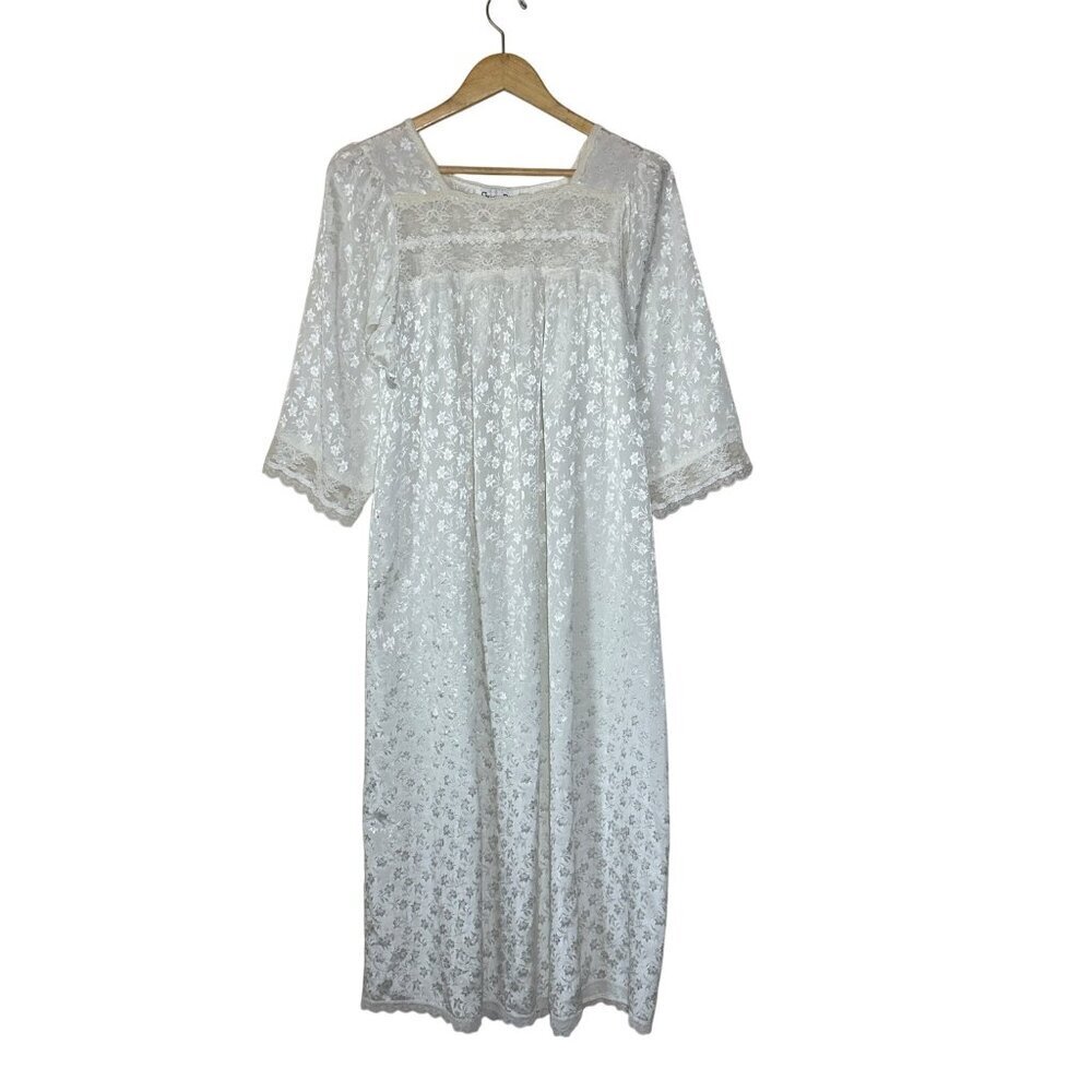 Vtg Christian Dior Square Lace Trim Nightgown Womens Size M Satin Cottagecore